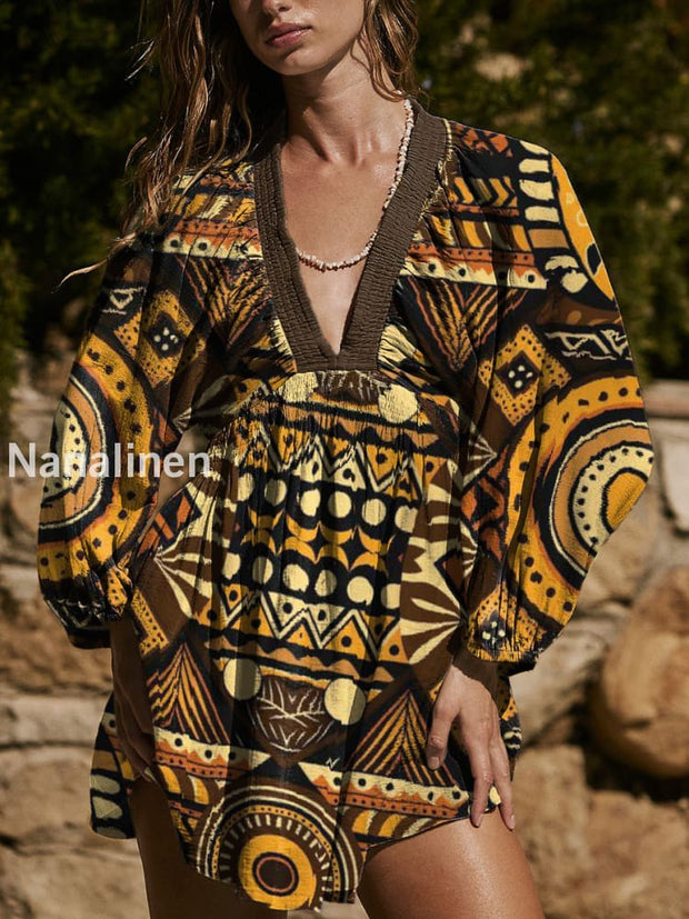 Women`s Bohemian Style Pattern Print Cotton V-neck Mini Dress Colorful / S