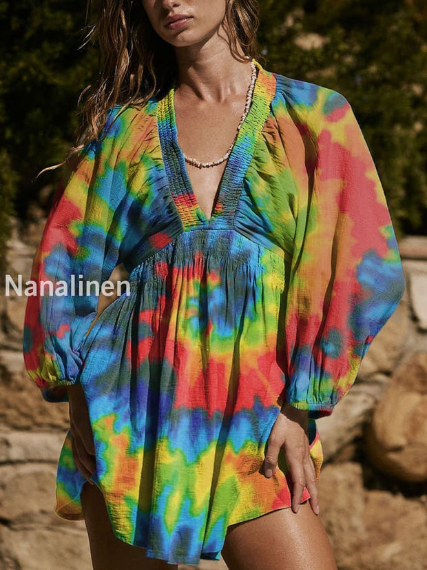 Women`s Bohemian Style Tie-Dye Print Cotton V-neck Mini Dress Colorful / S