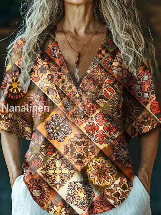Women’s Boho Abtract Plaid Art Print V-Neck Casual Cotton And Linen Top Colorful / S