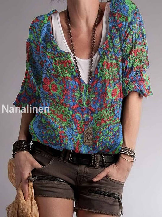 Women`s Boho Color Abstract Print Cotton Blend V-Neck Top Colorful / S