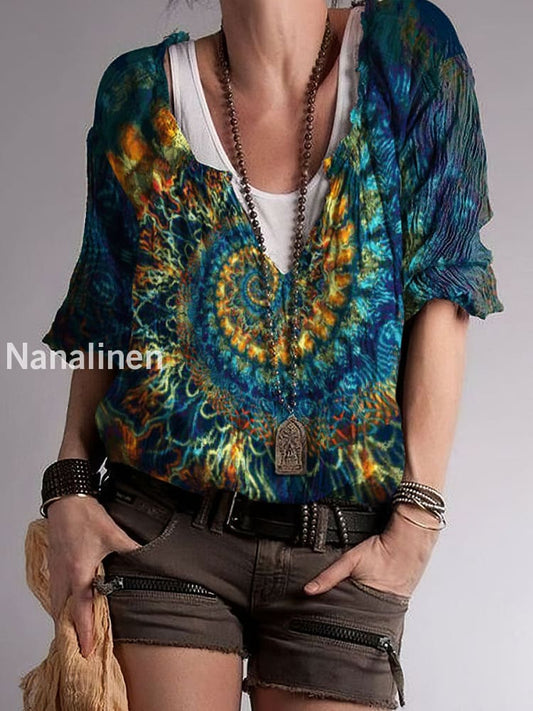 Women`s Boho Color Abstract Print Cotton Blend V-Neck Top Colorful / S
