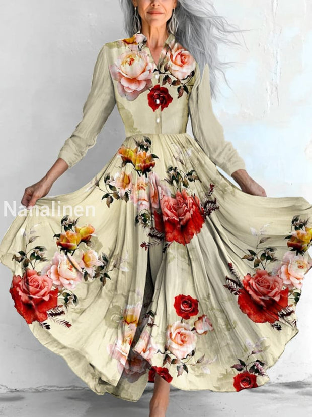 Women`s Boho Color Flowers Print Cotton Casual Shirt Collar Dress Colorful / S