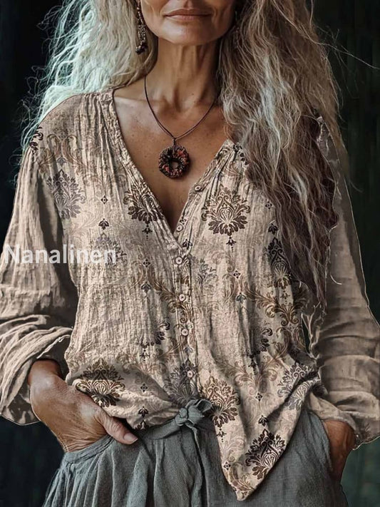 Women’s Boho Floral Art Print V-Neck Casual Cotton And Linen Shirt Colorful / S
