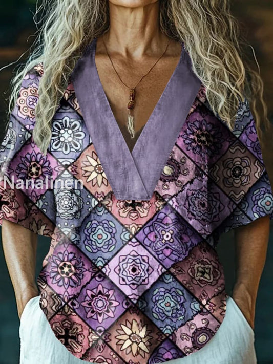 Women’s Boho Floral Art Print V-Neck Casual Cotton And Linen Top Colorful / S