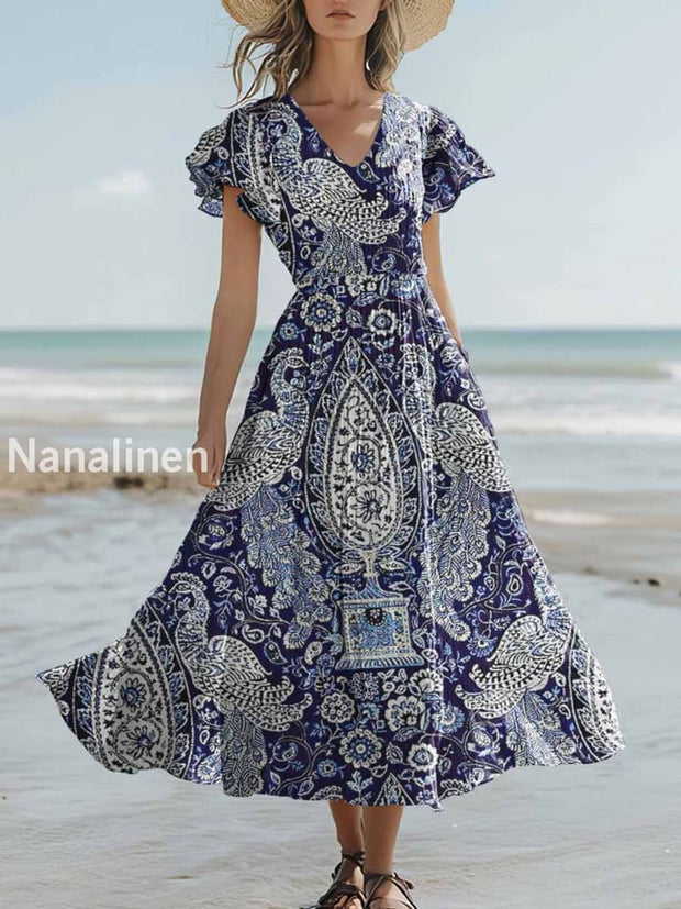 Women`s Boho Floral Print Cotton And Linen Short-sleeve V-neck Dress Blue / S