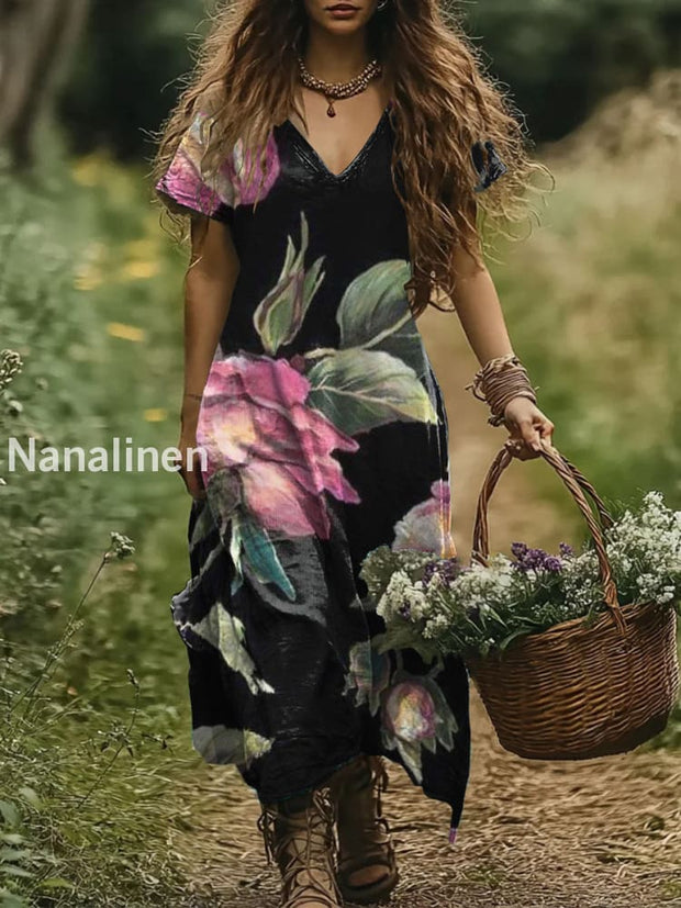 Women’s Boho Floral Print Vintage Causal Cotton Dresses Colorful / S