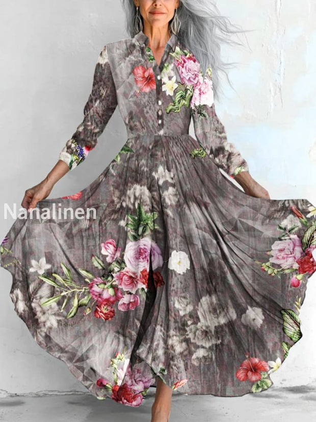 Women`s Boho Flowers Print Cotton Casual Shirt Collar Dress Colorful / S