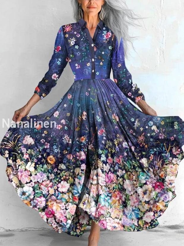 Women`s Boho Magic Flowers Print Cotton Casual Shirt Collar Dress Colorful / S