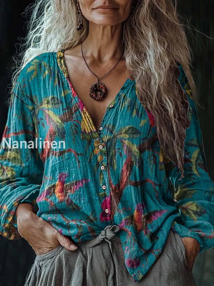 Women’s Boho Parrot Art Print V-Neck Casual Cotton And Linen Shirt Colorful / S