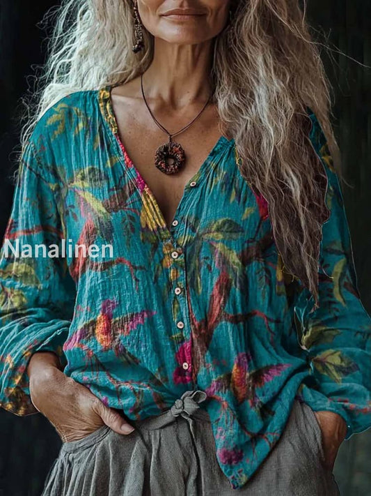 Women’s Boho Parrot Art Print V-Neck Casual Cotton And Linen Shirt Colorful / S