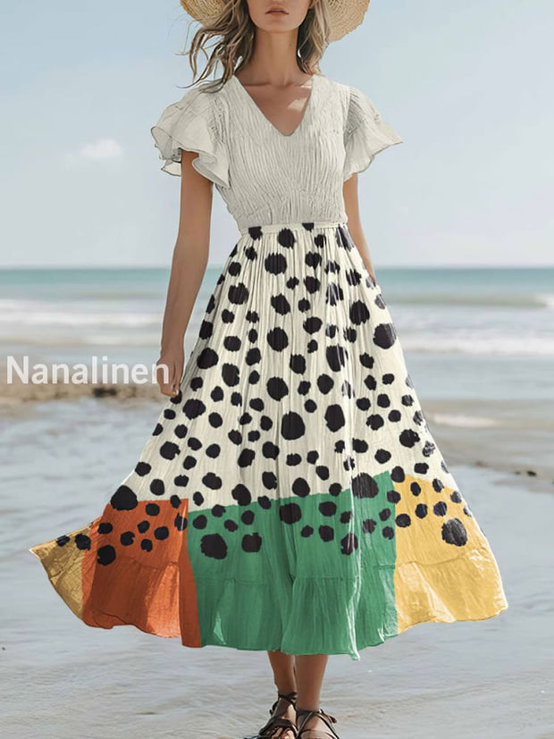 Women`s Boho Polka Print Cotton And Linen Short-sleeve V-neck Dress Colorful / S