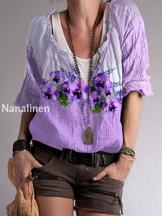 Women`s Boho Purple Lilac Art Print Cotton Blend V-Neck Top Purple / S