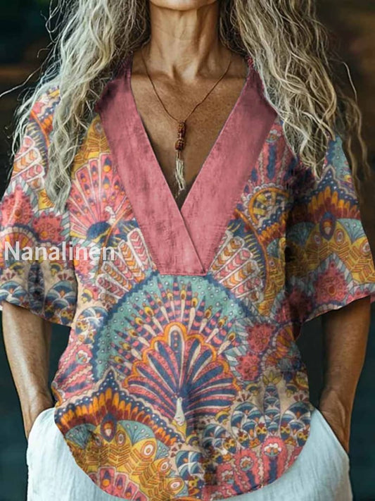 Women’s Boho Style Abstract Art Print V-Neck Casual Cotton And Linen Top Colorful / S