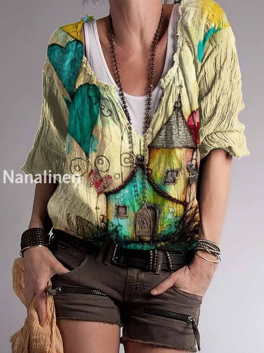 Women`s Boho Style Fairy Tale World Print Cotton Blend V-Neck Top Colorful / S