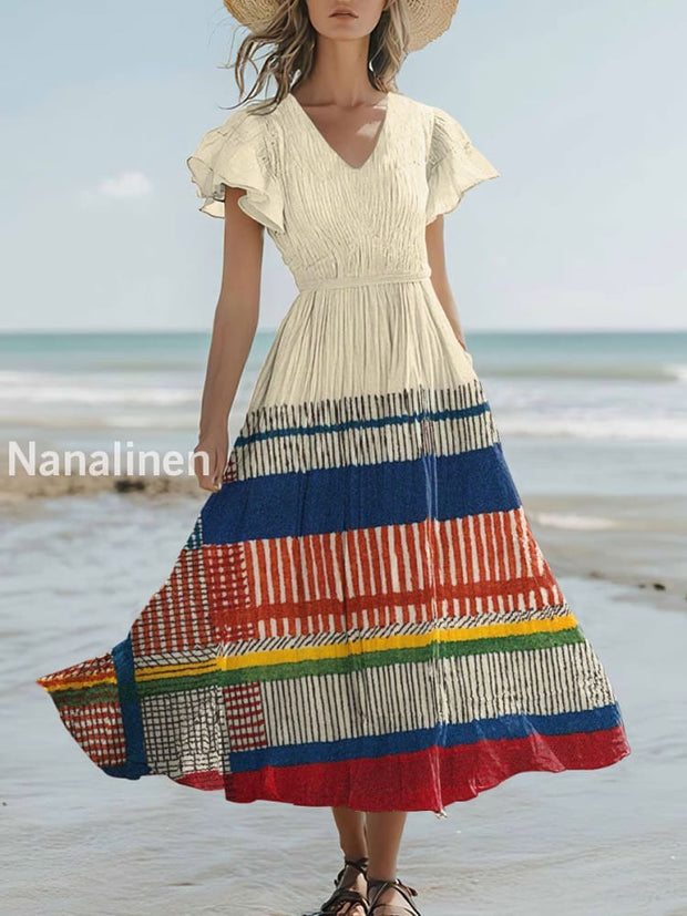 Women`s Boho Style Print Cotton And Linen Short-sleeve V-neck Dress Colorful / S