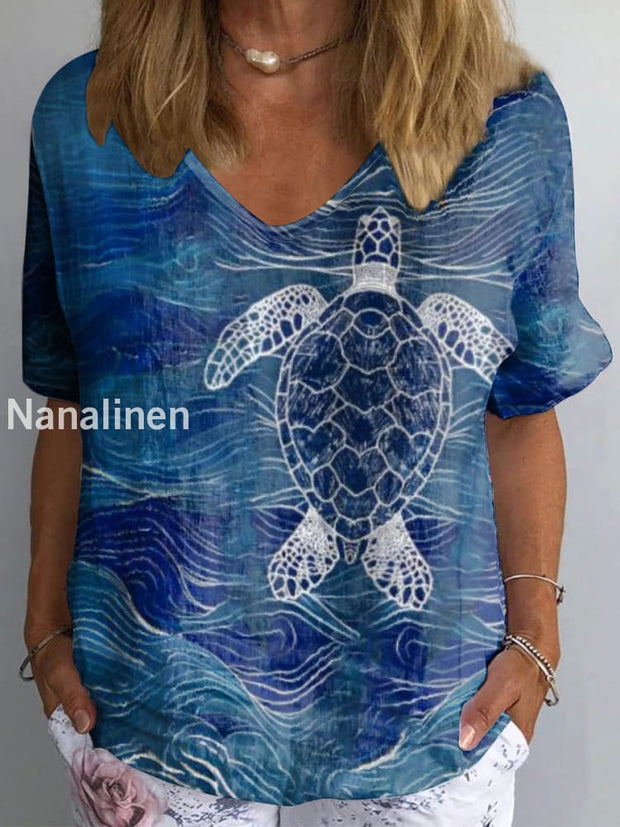 Women’s Boho Style Sea Turtle Print Cotton Linen V-Neck T-Shirt Blue / S