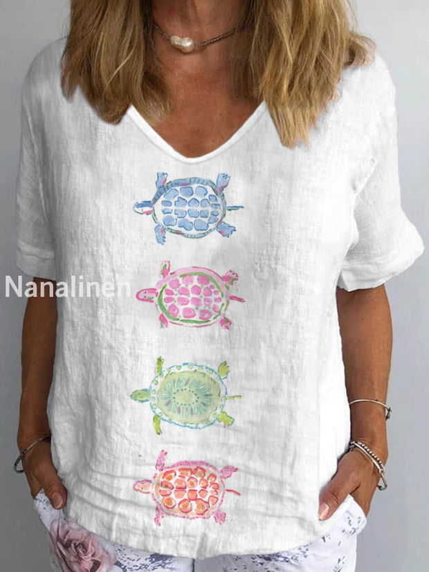 Women’s Boho Style Turtle Print Cotton Linen V-Neck T-Shirt White / S