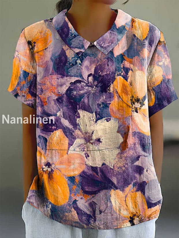 Women’s Boho Vintage Floral Print Doll Collar Cotton Casual Shirt Colorful / S