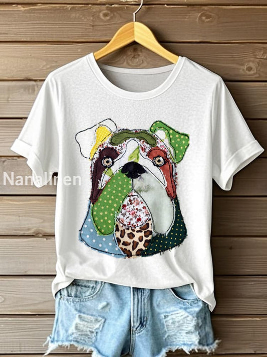 Women’s Bulldog Pattern Patchwork Art T-Shirt White / S
