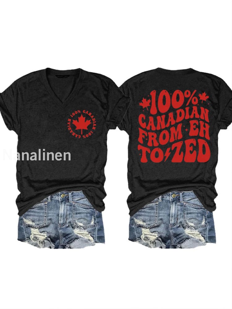 Women’s Canada 100% Canadian From ’Eh’ To ’Zed’ Printed V-neck T-shirt Black / S