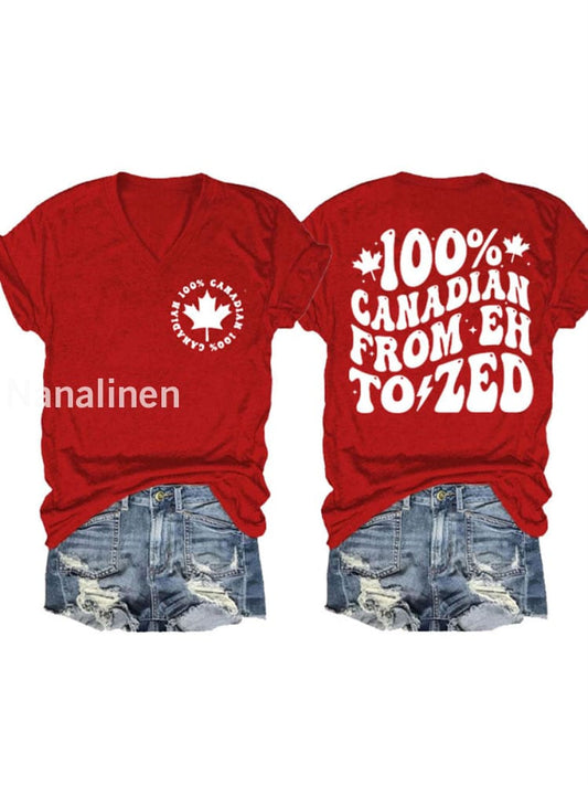 Women’s Canada 100% Canadian From ’Eh’ To ’Zed’ Printed V-neck T-shirt Red / S