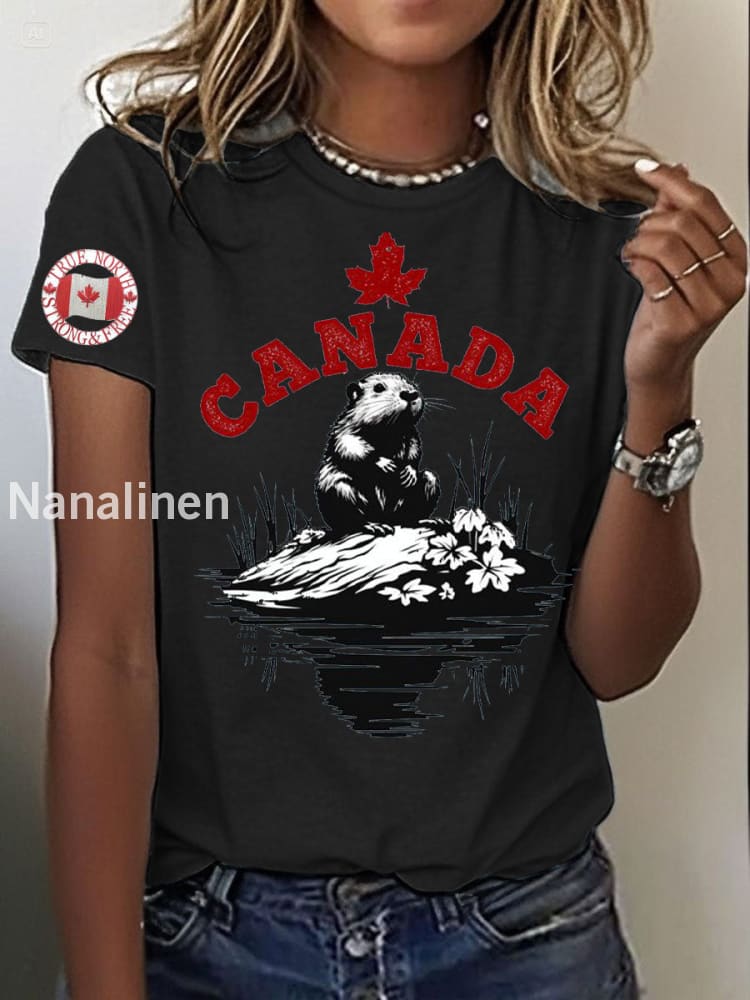 Women’s Canada Beaver Maple Leaves Printed T-Shirt Black / S