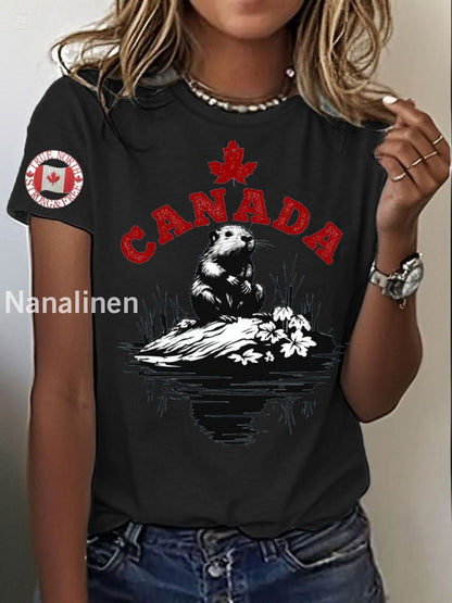 Women’s Canada Beaver Maple Leaves Printed T-Shirt Black / S