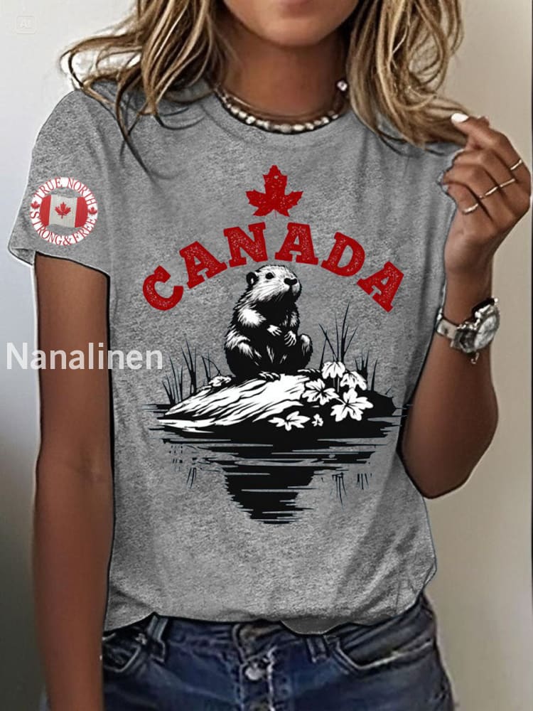 Women’s Canada Beaver Maple Leaves Printed T-Shirt Light Gray / S