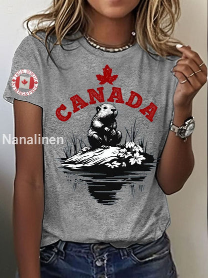 Women’s Canada Beaver Maple Leaves Printed T-Shirt Light Gray / S