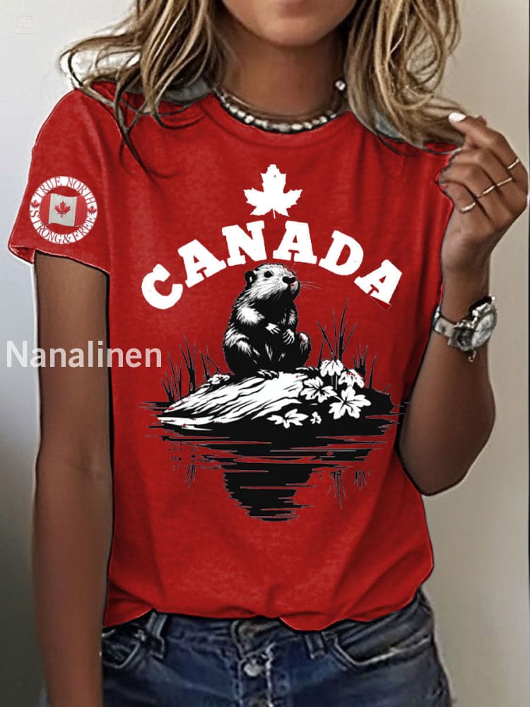 Women’s Canada Beaver Maple Leaves Printed T-Shirt Red / S