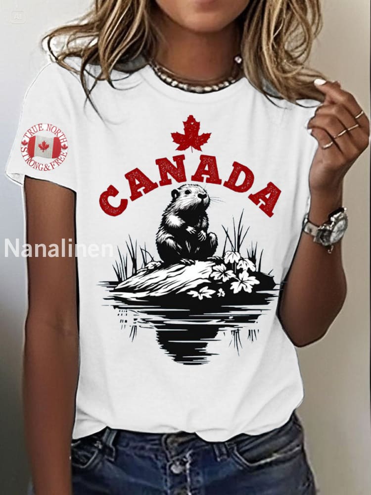 Women’s Canada Beaver Maple Leaves Printed T-Shirt White / S