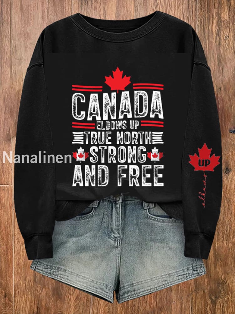 Women’s Canada Elbows Up True North Strong And Free Elbows Up Printed Long Sleeve Sweatshirt Black / S