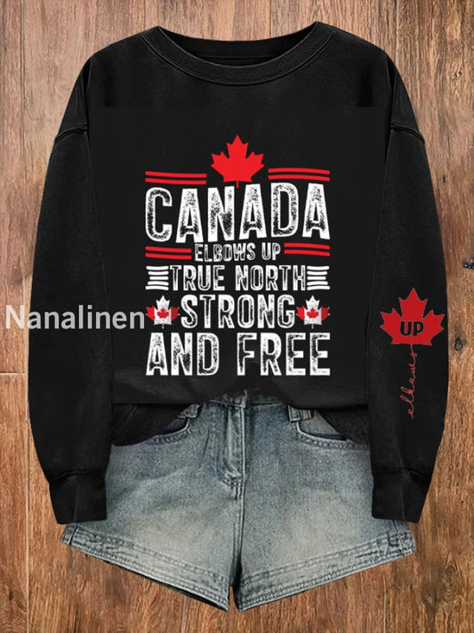 Women’s Canada Elbows Up True North Strong And Free Elbows Up Printed Long Sleeve Sweatshirt Black / S