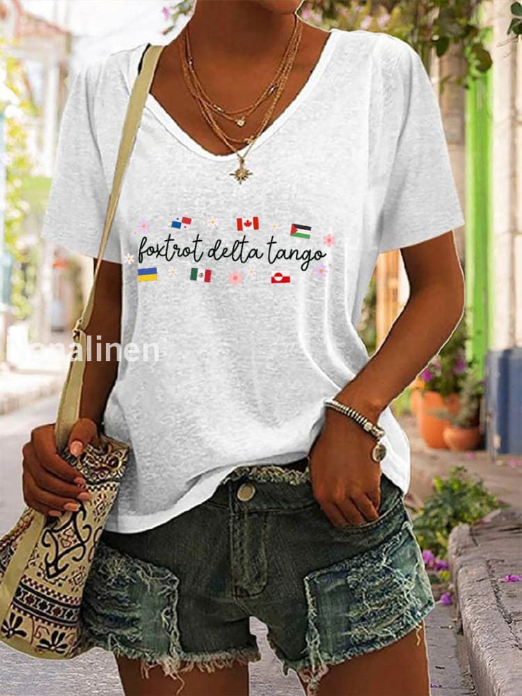 Women’s Canada Foxtra Delta Tango Printed V-neck Shirt White / 2XL