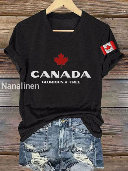 Women’s Canada Glorious And Free Printed V-neck Shirt Black / S