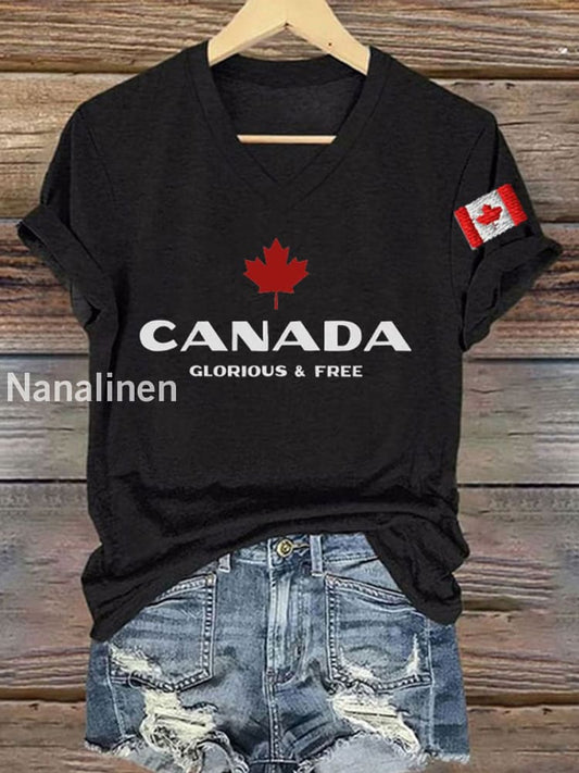 Women’s Canada Glorious And Free Printed V-neck Shirt Black / S