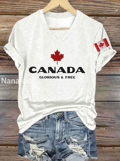 Women’s Canada Glorious And Free Printed V-neck Shirt White / S