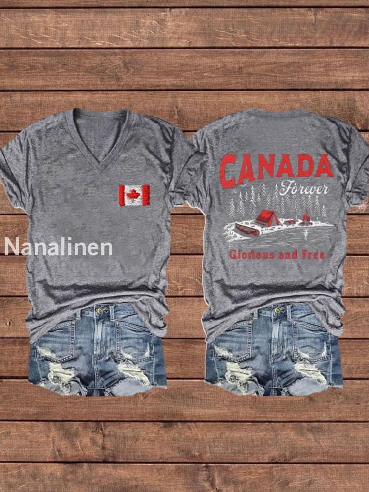 Women’s Canada Gloruous And Free Printed V-neck Shirt Light Gray / S