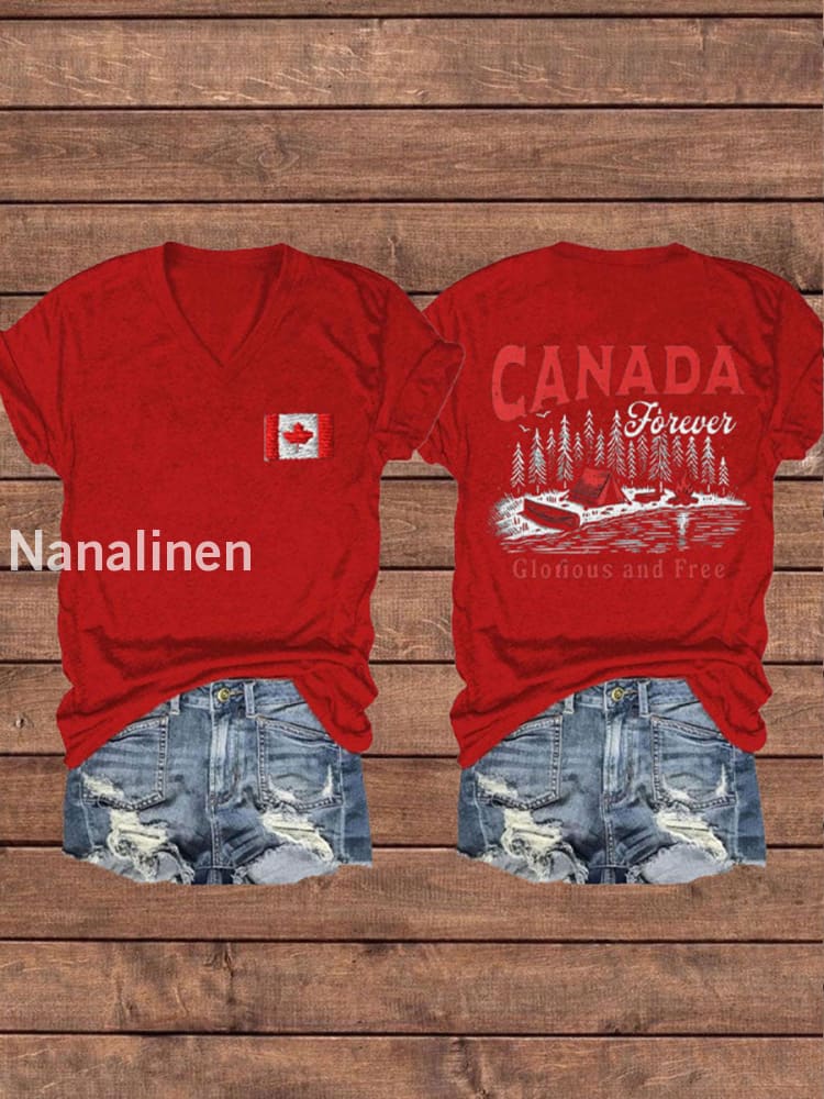 Women’s Canada Gloruous And Free Printed V-neck Shirt Red / S