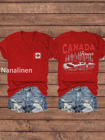 Women’s Canada Gloruous And Free Printed V-neck Shirt Red / S