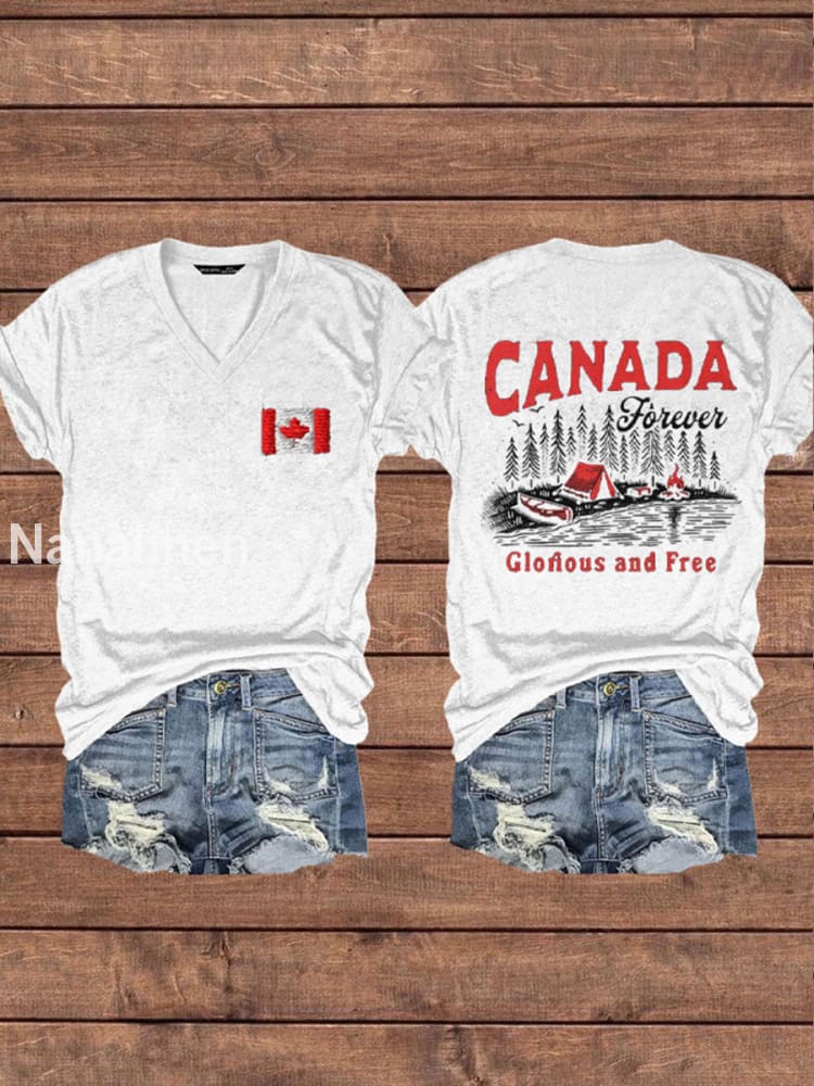 Women’s Canada Gloruous And Free Printed V-neck Shirt White / 2XL