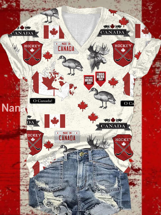 Women’s Canada Print V-Neck Short Sleeve T-Shirt As picture / S