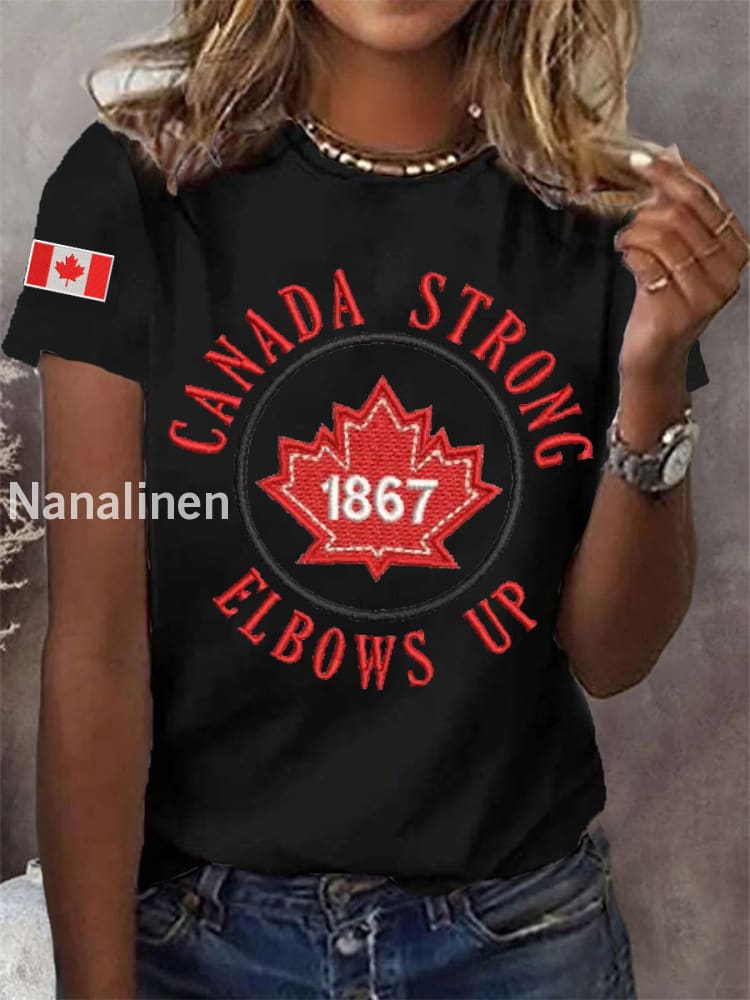 Women’s Canada Strong Elbows Up 1867 Canadian Flag Print Casual Tee Black / S