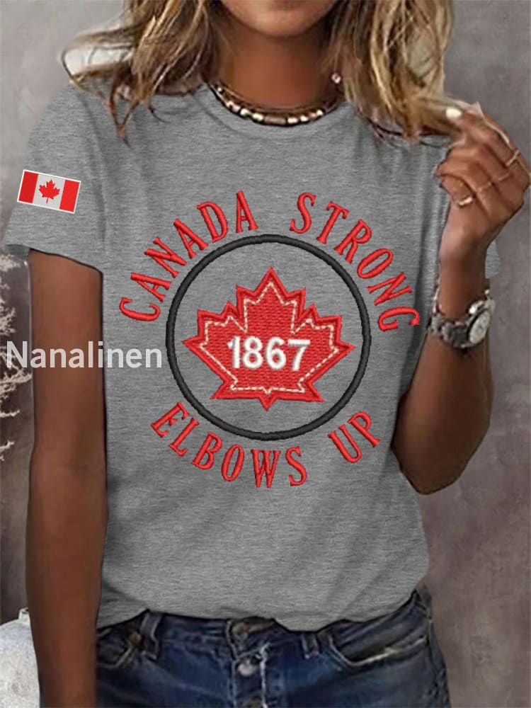 Women’s Canada Strong Elbows Up 1867 Canadian Flag Print Casual Tee Light Gray / S