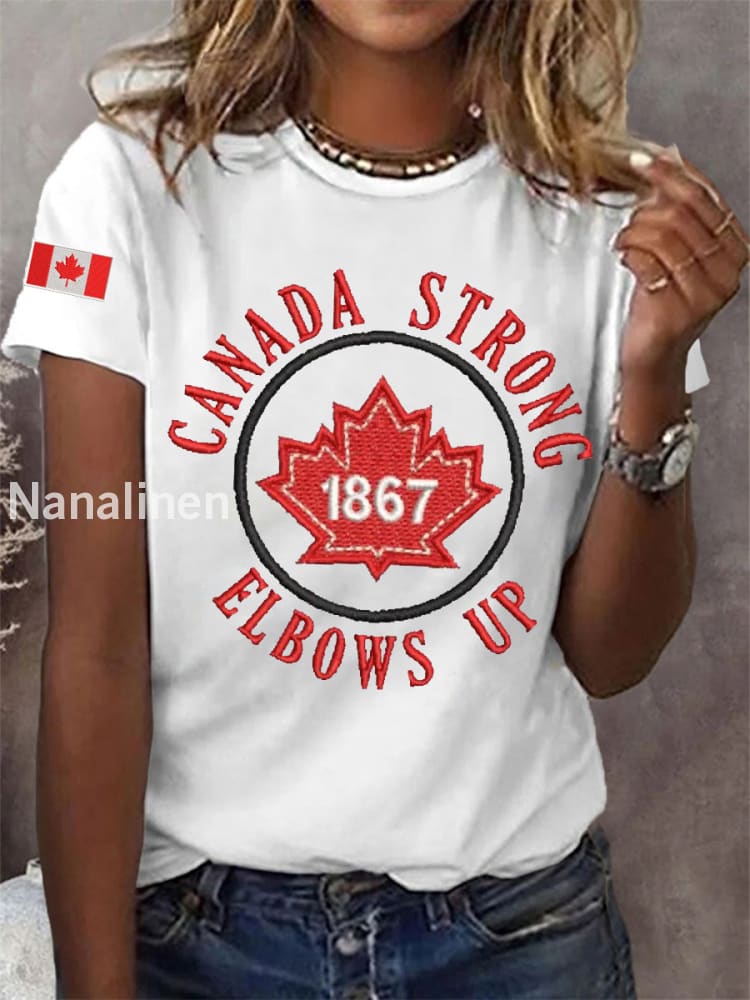 Women’s Canada Strong Elbows Up 1867 Canadian Flag Print Casual Tee White / S