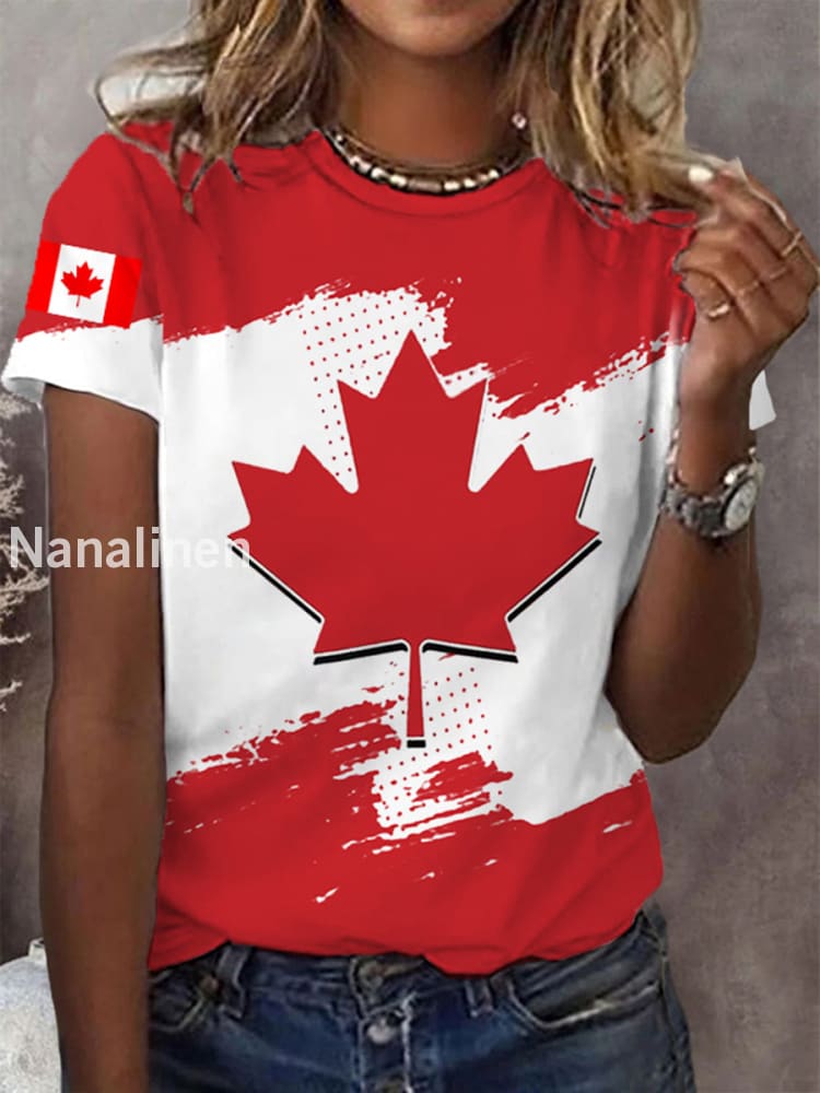 Women’s Canadian Flag Maple Leaf Print Canada Day Casual Tee Red / S