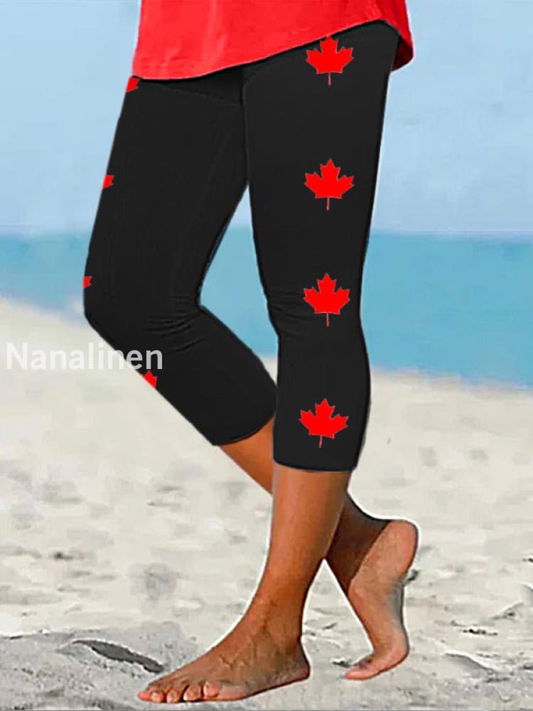 Women’s Canadian Flag Maple Leaf Print Casual Cropped Leggings Black / S