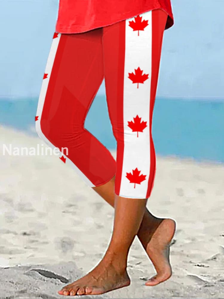 Women’s Canadian Flag Maple Leaf Print Casual Cropped Leggings Red / S