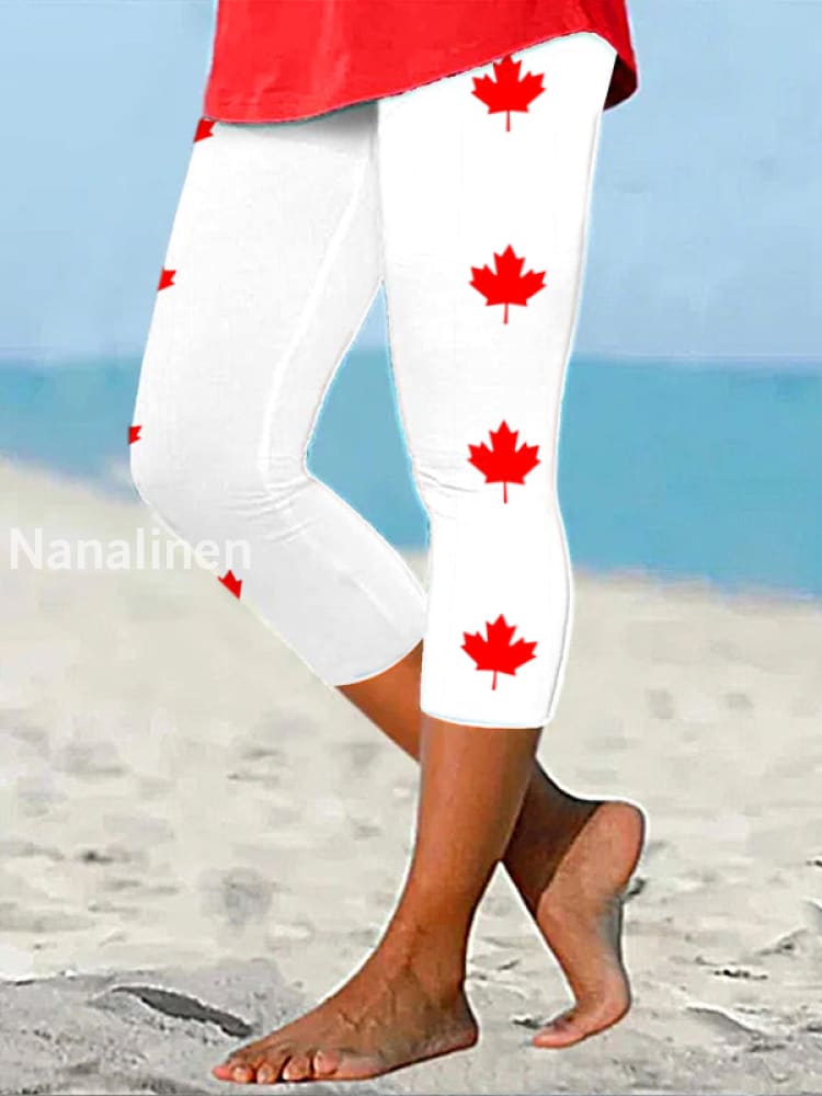 Women’s Canadian Flag Maple Leaf Print Casual Cropped Leggings White / S