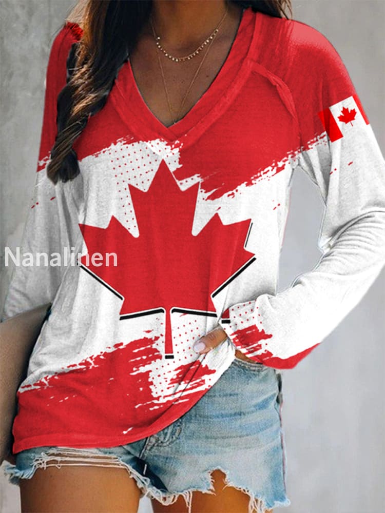 Women’s Canadian Flag Maple Leaf Print Casual Long-Sleeve V-Neck T-Shirt Red / S